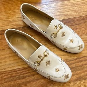 GUCCI bee loafers with horsebite gold white leather 40 41 star shoes mules